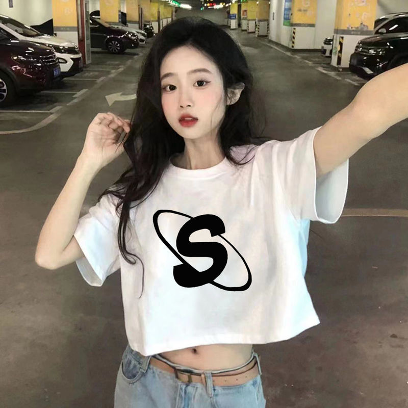 Summer New White Short-Sleeved Top for Female Students, Korean Style Loose Short Top with Exposed Navel Design, Sweet and Trendy