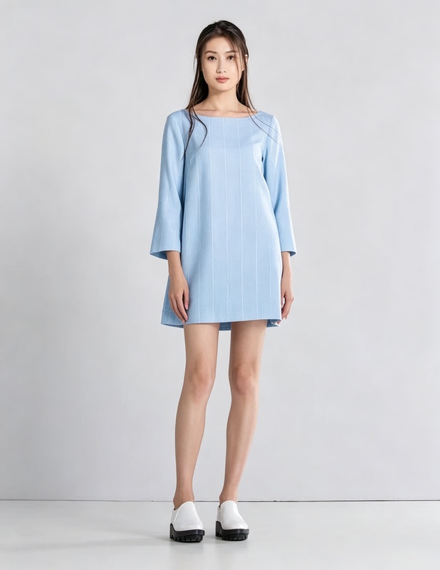 Wool Vertical Stripe Dress for Women, Three-Quarter Sleeves, A-Line Loose Short Style, Suitable for Work, Spring and Autumn, Boat Neck, Straight Dress 110