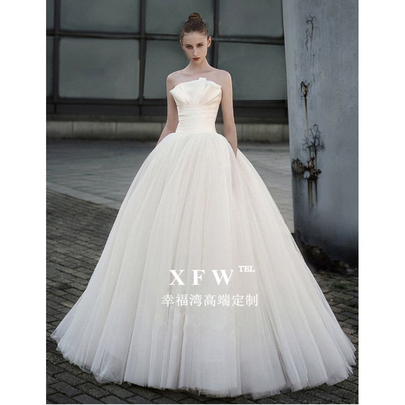 Style Temperament Satin sternly Breast Main Wedding Dress Trailing 2022 New minimalist bridal Greet Guests out of the house Dress Sly