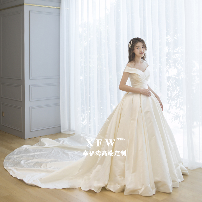 Brief word for a shoulder satin wedding dress Extravagant Trailing 2022 New Super Fairy Dream Princess Ziji Bridal Woman