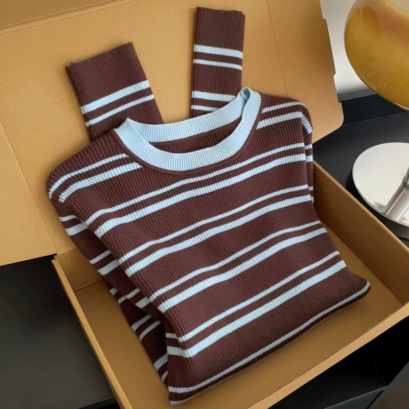 Knit Top with Blue and Coffee Color Stripes, Round Neck, Color-Blocking Design, Long Sleeves, New Spring Style!