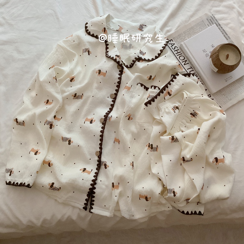 【Little Milk Skin Plus Series】Spring and Summer Women's Pajamas and Loungewear Soft Material Set with Crochet Trim and Dachshund Design