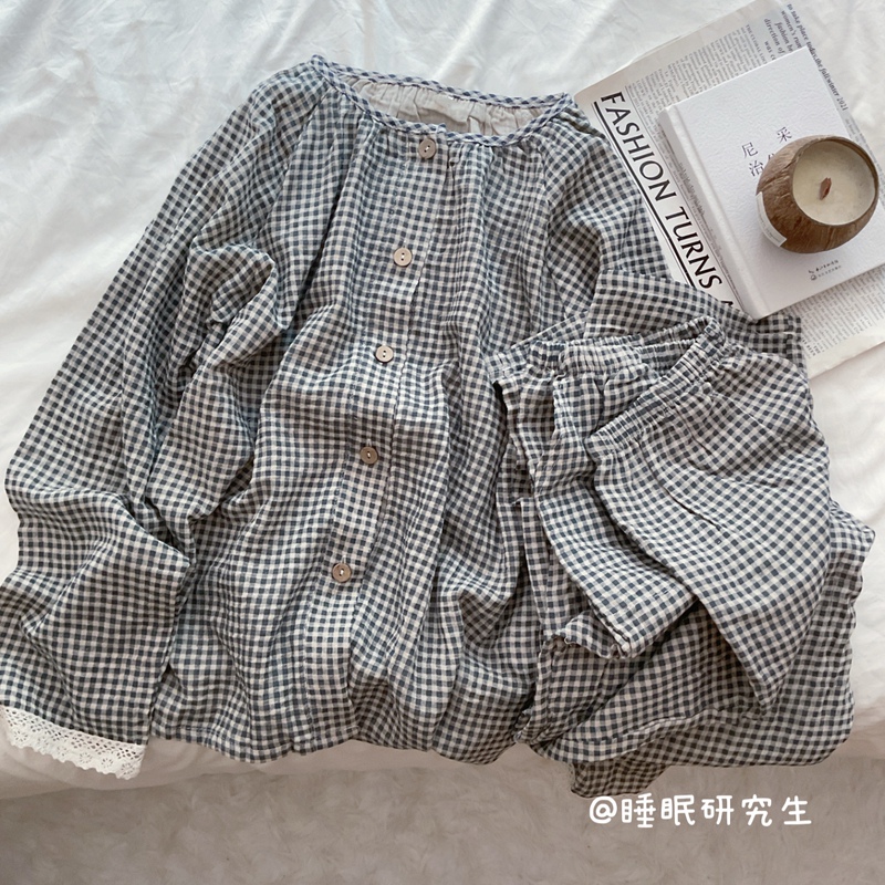 [Mocha Mousse] Spring and Summer Women's Pajamas, Soft Material, Simple Plaid Japanese-Style Home Wear, Long-Sleeved Pure Cotton Set
