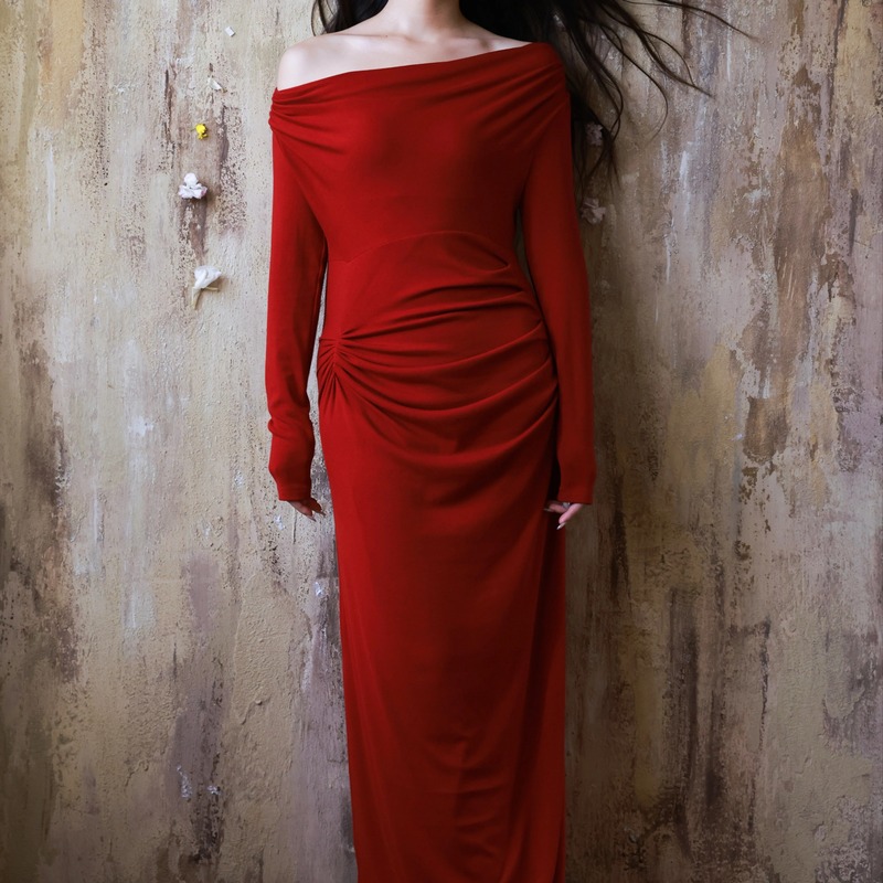 Square Peony Original Burning Venus Red High Elasticity Multi-Way Wear Pleated Base Dress Long Skirt