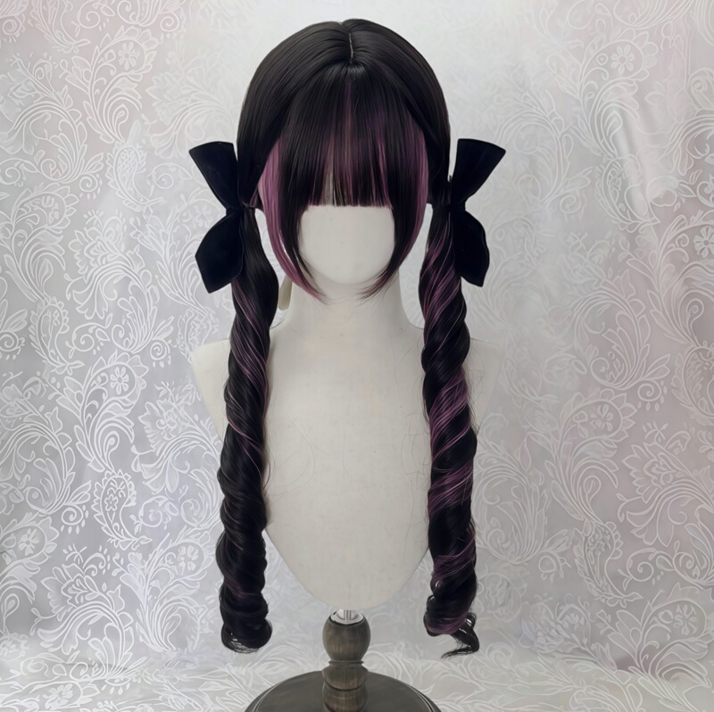 Black and Pink Highlights Double Ponytail Wig for Women, Roman Curls, Japanese Lolita Style, Long Curly Hair with Bangs, Full Head Wig