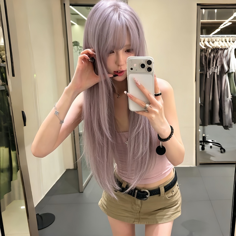 Internet Celebrity Wig for Women, Extra-Long Taro Light Gray Purple Jk Long Straight Hair, Light-Colored, Complexion-Enhancing Layered Long Straight Hair Full Wig Set Internet Celebrity Wig for Women, Extra-Long Taro Light Gray Purple Jk Long Straight Hair, Light-Colored, Complexion-Enhancing Layered Long Straight Hair Full Wig Set