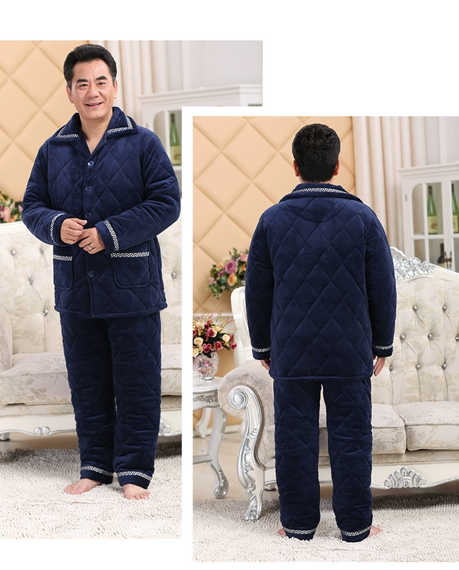 Đồ ngủ trung niên nam mùa đông dày san hô lông cừu chần ba lớp ấm flannel ông già bố phục vụ nhà bộ đồ mặc nhà