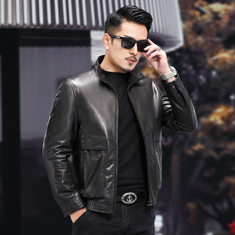 Genuine leather jacket men's new leather jacket head layer calf leather jacket short stand overturning collar Spring and autumn locomotive clothes trend