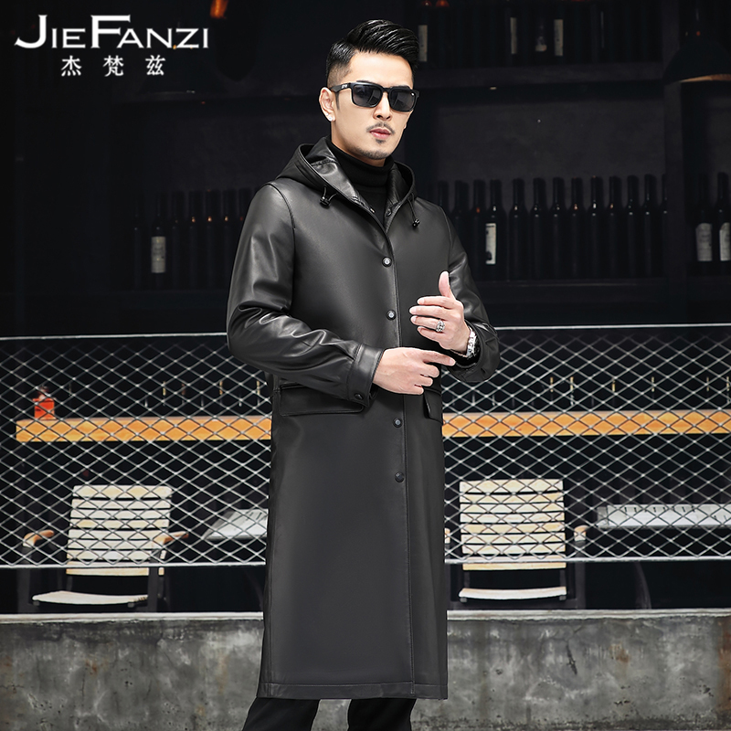 2021 Spring and Autumn New Haining Leather Leather Men's Long Trench Coat Knee Sheepskin Coat Tide