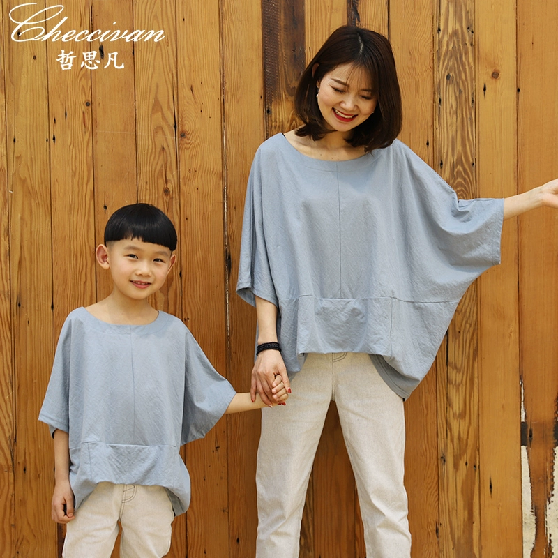 Zhe Sifan nguyên bản 2019 hè mới Trang phục dành cho phụ huynh và trẻ em Áo phông cổ tròn cho bé đơn giản - Trang phục dành cho cha mẹ và con