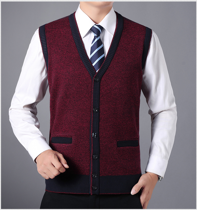 Mùa xuân và mùa thu áo dệt kim nam áo len trung niên vest gà trái tim nút V cổ áo vest vai cha áo len không tay vest đen nam