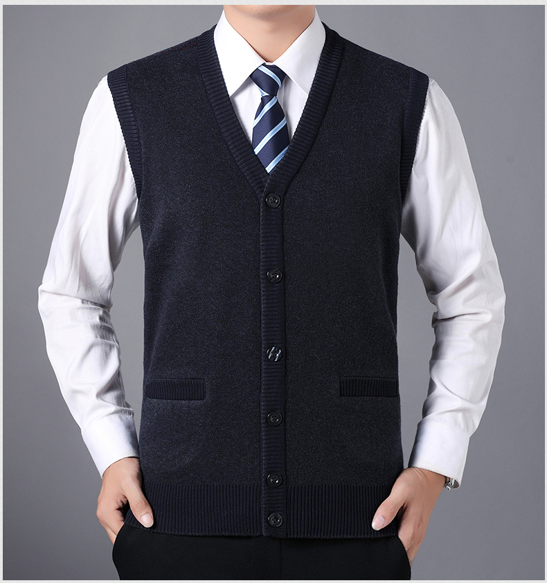 Mùa xuân và mùa thu áo dệt kim nam áo len trung niên vest gà trái tim nút V cổ áo vest vai cha áo len không tay vest đen nam
