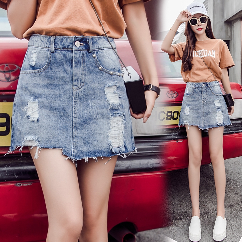 . Denim phụ nữ váy váy eo cao lỗ đột xuất một loại một loại túi hông váy chống ánh sáng siêu ngắn váy mùa hè