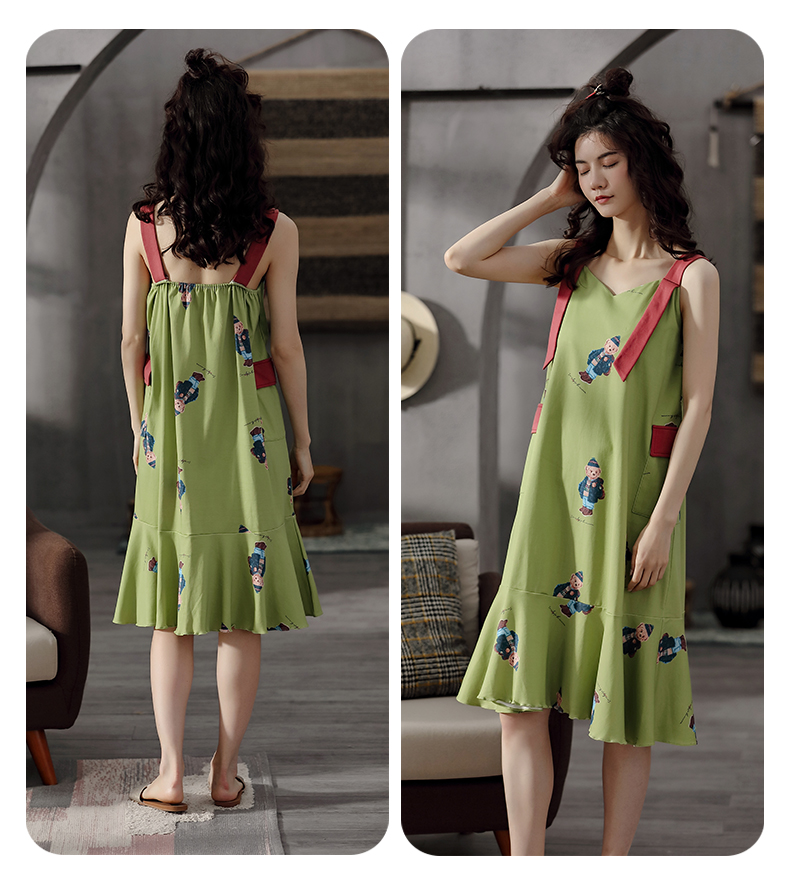 Cáp treo đồ ngủ nữ mùa hè Hàn Quốc phiên bản của bộ đồ ngủ bông tươi mặc đồ lót không có đệm ngực trong chiếc váy dài đến đầu gối.