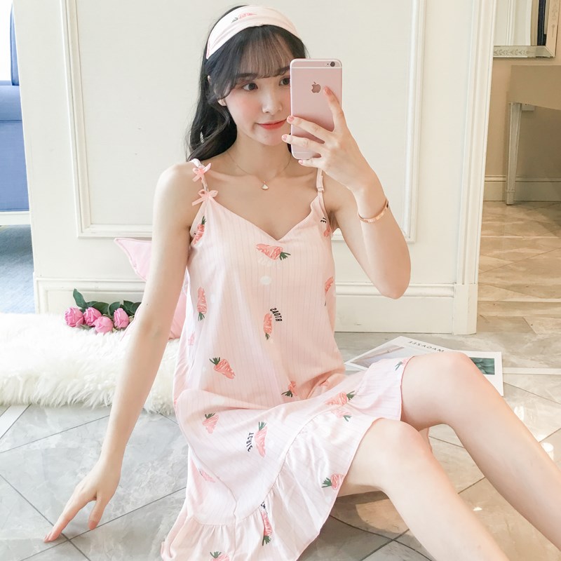 . Pajama cô gái mùa hè sling sexy mỏng thoải mái mang-bạn-của ngực pad chiếc váy mùa hè đồ ngủ sinh viên dễ thương.