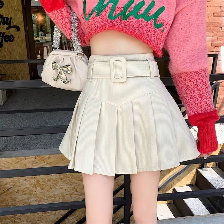 女装 コーデュロイ素材ベルト付きプリーツミニスカート