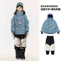 Голубая джинсовая топ + черно -белые брюки для панды [тот же стиль для мальчиков и девочек]