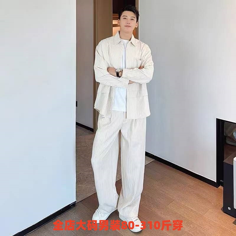 Extra Large Size Simple Shirt Suit for Men, Lazy Style, High-End Shirt, Retro Lapel Jacket, Casual Trousers, Two Pieces