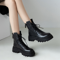 Thick-soled Martin boots Womens lace-up short boots leather black English style 2020 new autumn and winter flat boots