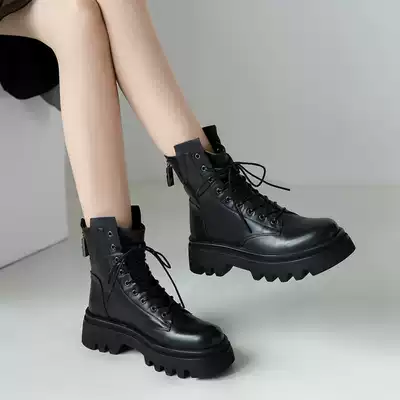 Thick-soled Martin boots Women's lace-up short boots leather black English style 2020 new autumn and winter flat boots