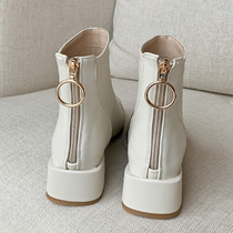 White square heel boots female spring and autumn single boots beige thick heel small heel slim boots soft leather middle heel zipper Martin boots