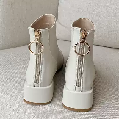 White square heel boots female spring and autumn single boots beige thick heel small heel slim boots soft leather middle heel zipper Martin boots