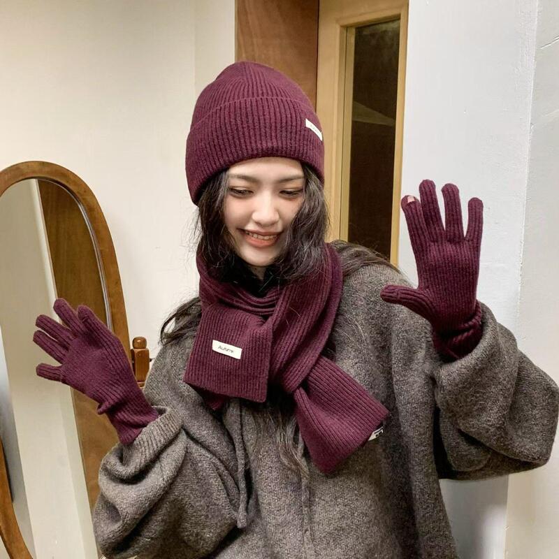 2024 New Solid Color Knitted Hat, Wool Scarf, and Gloves Three-Piece Set for Women, Autumn and Winter Warm Hat, Cold-Proof Neck Warmer