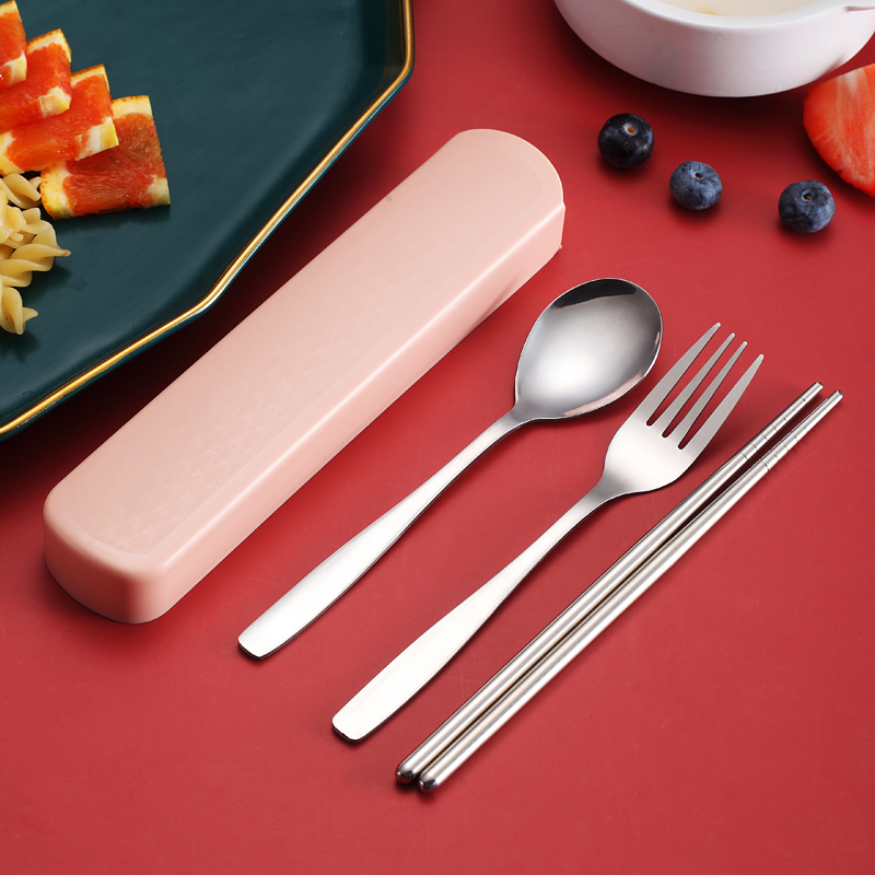 Japanese creative stainless steel portable cutlery box three piece set student cute chopsticks box long handle spoon fork