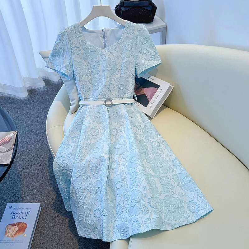 Capacity Kiss French-Style Blue Dress for Women, Summer, Elegant, High-End, Heavy Jacquard, Petite, Mid-Length