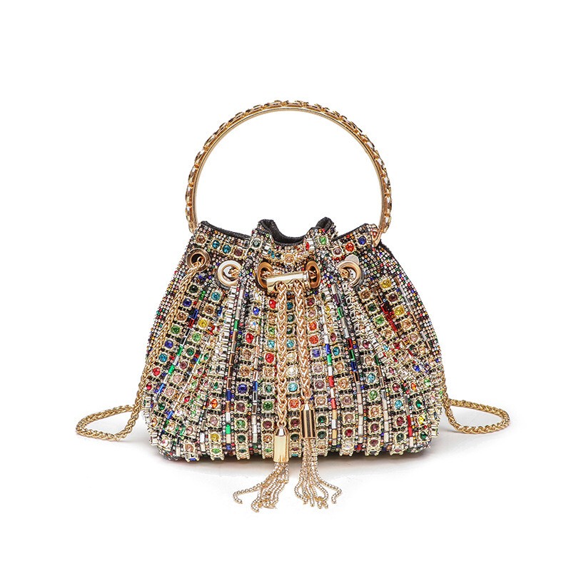 Cross-Border Evening Bag for Women 2026 New Style Elegant Diamond-Encrusted Handbag Chain Simple Fashion Full Diamond Tassel Bucket Bag