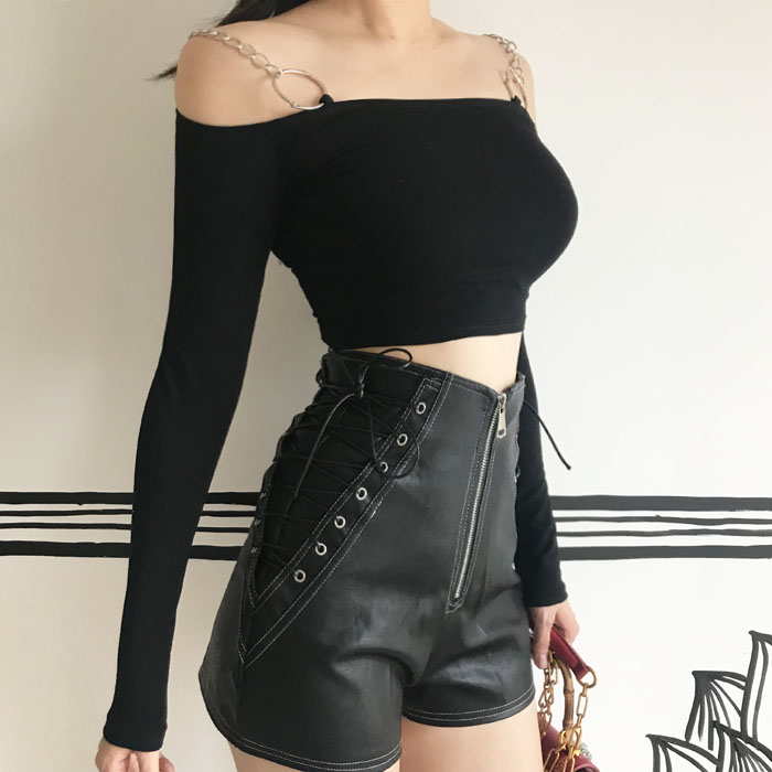 ZZ xương ZZ retro bên dây rút dây thắt lưng cao dây kéo trang trí quần short da PU mỏng thời trang công sở nữ cao cấp