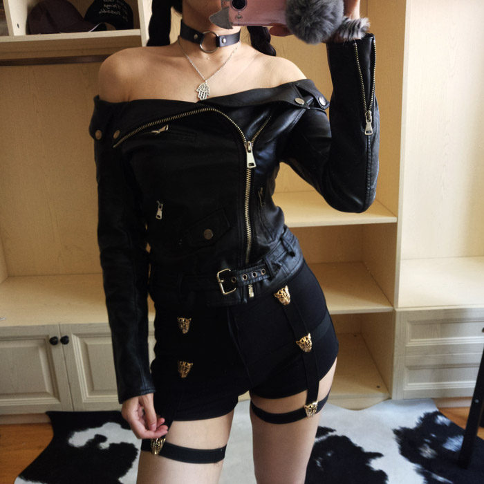 ZZ xương ZZ Châu Âu và Hoa Kỳ quây xuất khẩu giả duy nhất da cừu sexy xe máy punk từ cổ áo áo khoác da áo khoác áo bomber da lộn