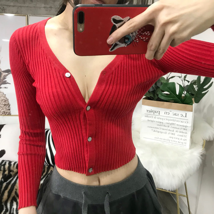 ZZ xương ZZ mùa thu và mùa đông cơ sở ngực sâu V một hàng khóa thắt lưng eo mỏng áo len đan áo khoác ngắn áo len