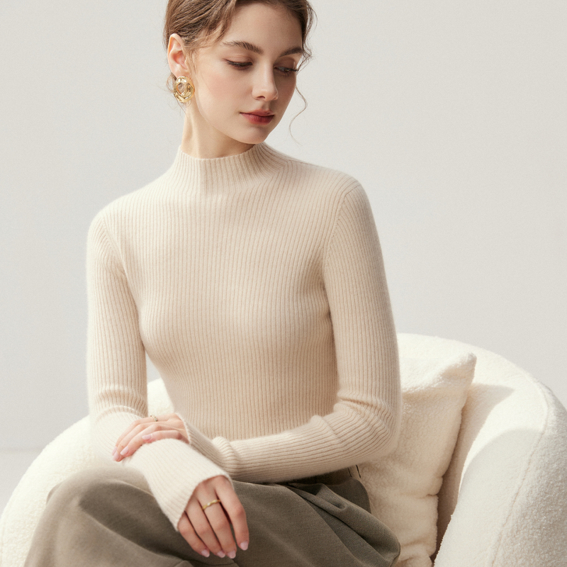 Half-Turtleneck Cashmere Sweater for Women, 100% Pure Cashmere, Seamless One-Piece Pullover Base Layer, High-End Slim-Fit Sweater for Layering