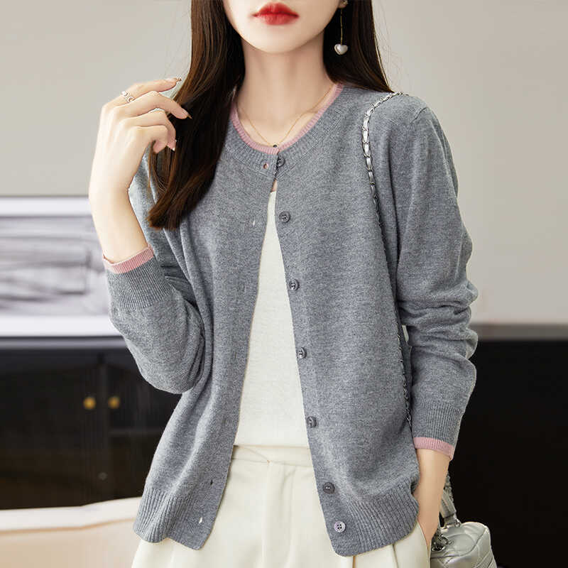 Gray Knitted Cardigan Jacket for Women, Early Spring Pure Wool Sweater, 2024 Fake Two-Piece Soft Color Round Neck Sweater Outerwear