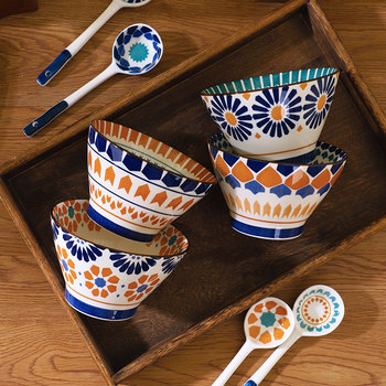 Household ceramic 5-inch hat bowl and spoon combination