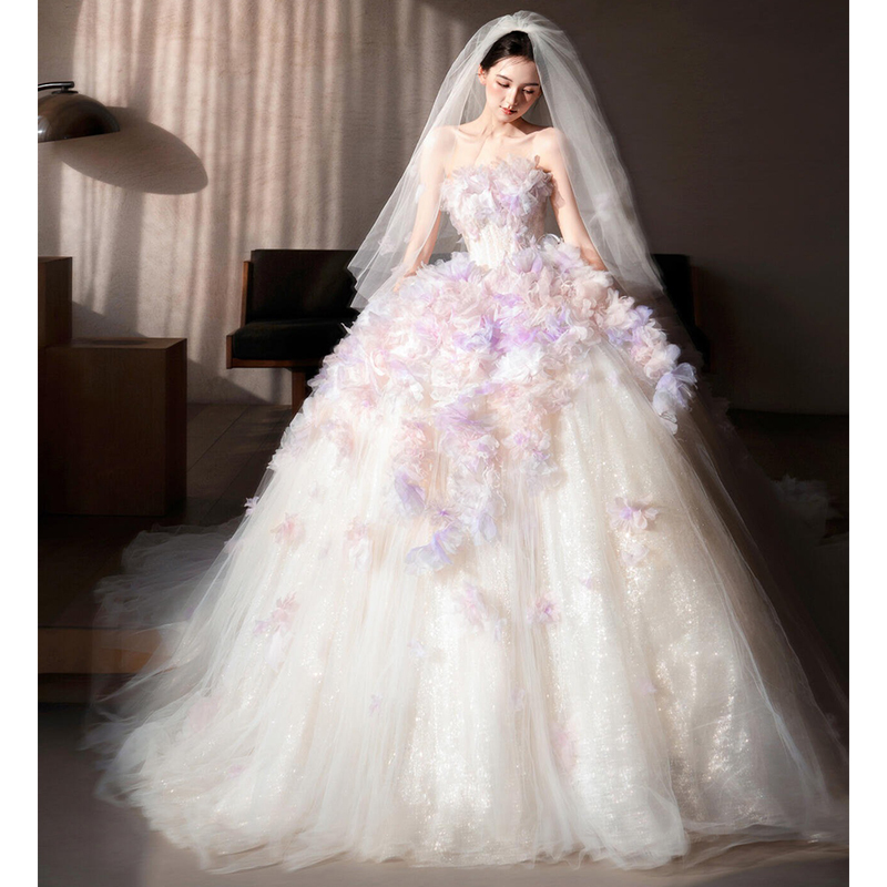 Strapless Wedding Dress for Bride 2026 New Style, Light and Suitable for Petite Figures, Runaway Princess, High-End Heavy Embroidery with Flowers