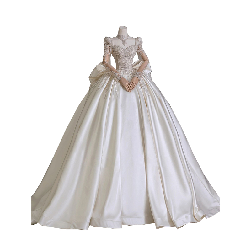 Long -sleeved wedding dress 2023 new bride's tail small man goes out, gauze, retro 2024 winter high -grade satin Long -sleeved wedding dress 2023 new bride's tail small man goes out, gauze, retro 2024 winter high -grade satin