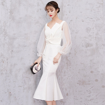 Small evening dress women can wear usual banquet style white fishtail dress light luxury lady dress