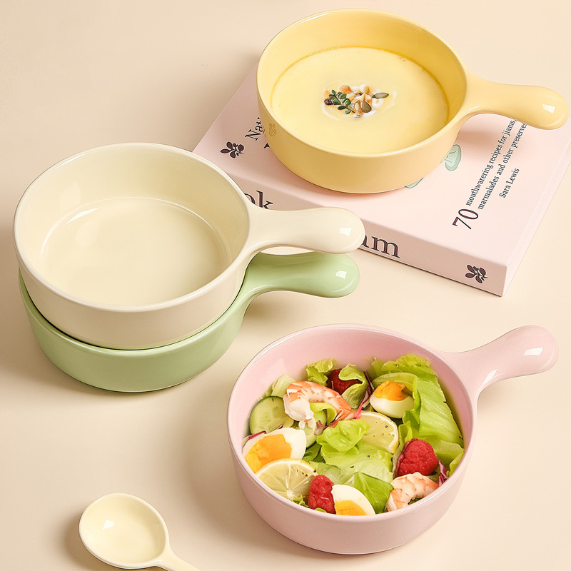 Ins-Style Cream-Colored Ceramic Baking Bowl with Handle, Snail Noodle Bowl, Instant Noodle Bowl, Soup Bowl, Household Salad and Baked Rice Bowl, Tableware