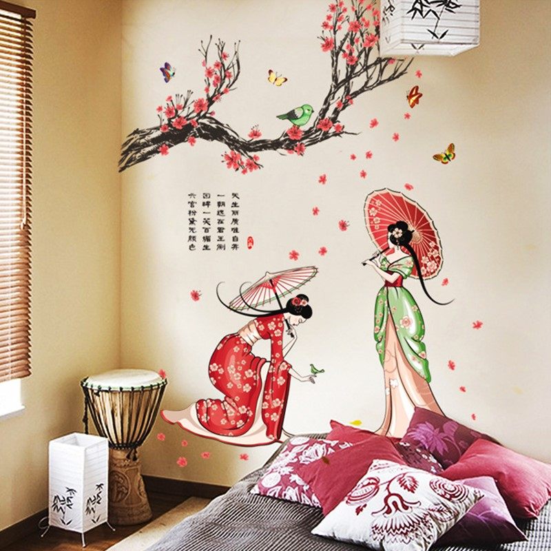 Tulip roses romantic wall stickers self-adhesive dreamy blue flowers warm bedroom living room bedside decoration background stickers