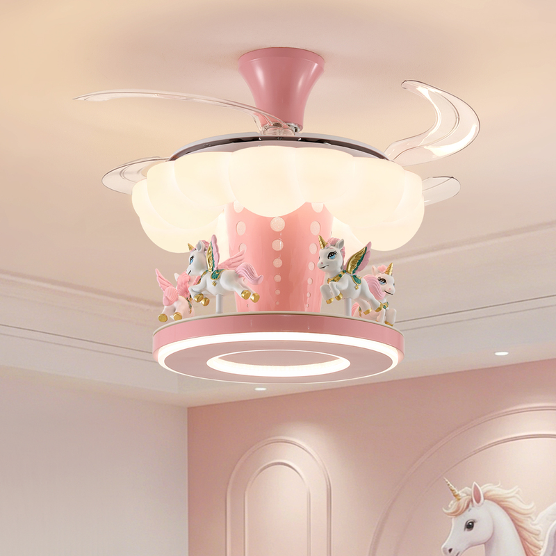 Cream Style Children's Room Led Light Cartoon Girl Fan Light Unicorn Eye Protection Light Carousel Ceiling Light