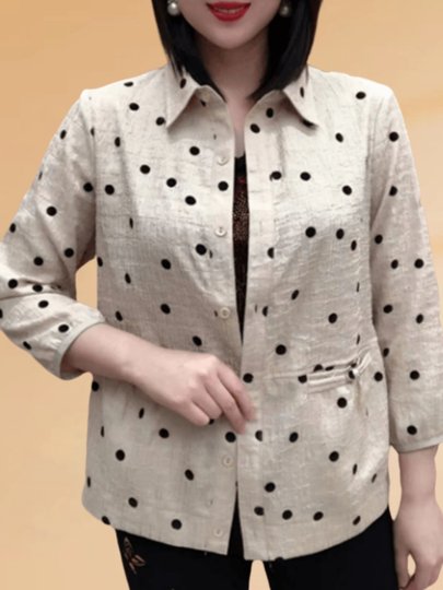薄款波点短外套2024早秋新款宽松显瘦大码妈妈装开衫长袖衬衫上衣
