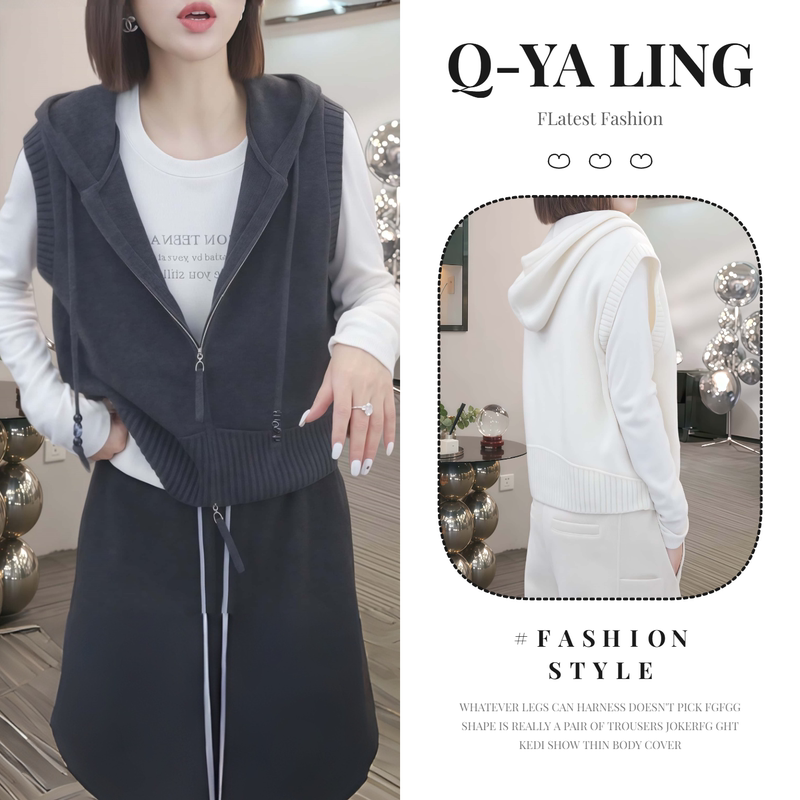 Korean Style Solid Color Layered Hoodie Sweater Vest for Women 2026 Early Autumn New Fashion Age-Reducing Casual Knitted Jacket