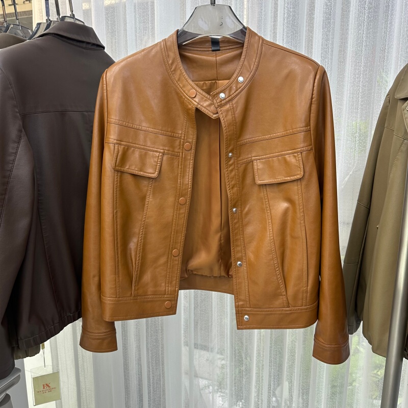 2026 Spring New Stand Collar Short Leather Jacket for Women, Vintage Biker Style, Petite, Age-Reducing, Slim-Fit Leather Coat