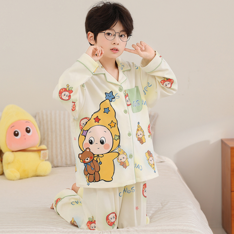 Children's Pajamas for Boys, Pure Cotton, Spring and Autumn, Turn-Down Collar, Cartoon Cute Loungewear, Star-Themed, Thin Set for Older Kids Children's Pajamas for Boys, Pure Cotton, Spring and Autumn, Turn-Down Collar, Cartoon Cute Loungewear, Star-Themed, Thin Set for Older Kids