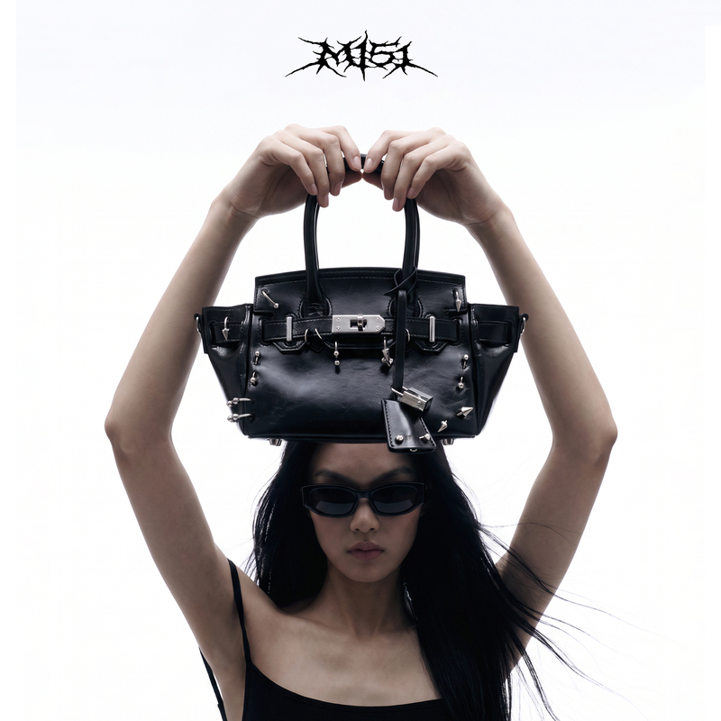 【M151 Black Label-Mini Kelly】Black Studded Rivet Kelly Bag Yabi Crossbody Original Handbag 【M151 Black Label-Mini Kelly】Black Studded Rivet Kelly Bag Yabi Crossbody Original Handbag