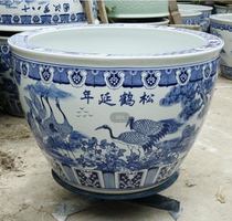 Jingdezhen Ceramic Gold Fish Tank Hand-painted Pine Crane year Large green flower Porcelain Landing Cylinder Courtyard Outdoor Decoration Pendulum