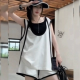 Летний комплект с капюшоном, жилет без рукавов, шорты, свободный крой