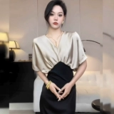 Летняя рубашка, приталенный корсет, французский стиль, V-образный вырез